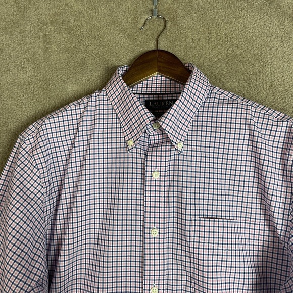Lauren Ralph Lauren Dress Shirt Mens 16.5 Blue/Pink Classic Fit Checked Non Iron - Picture 2 of 10